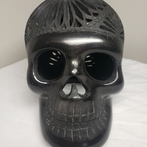 Black Ceramic Skull with Beautiful Carved Mandala Design Art Decor